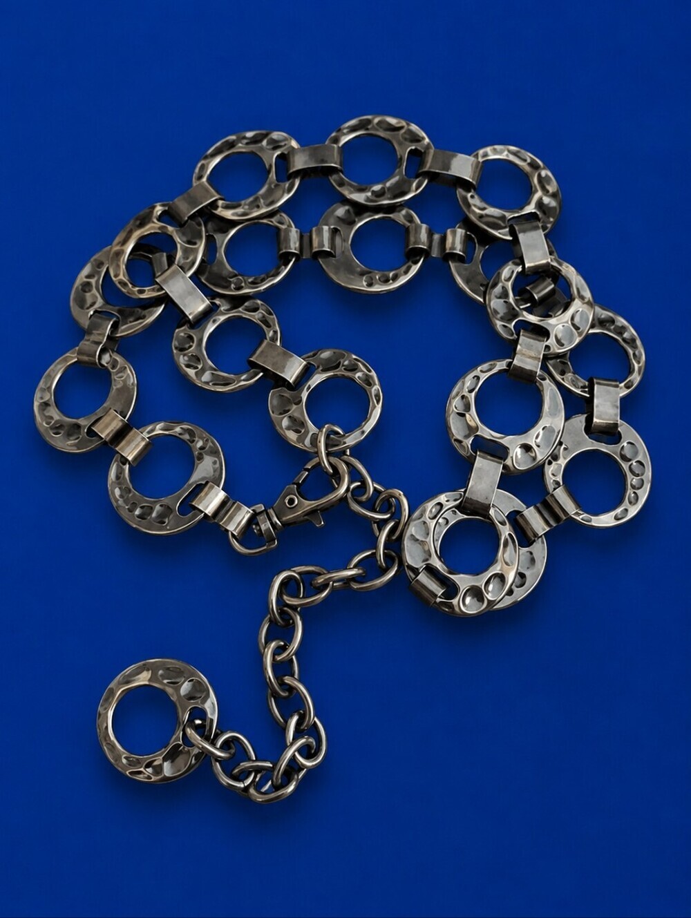 Vtg Gunmetal Hammered Circle Chain Link Disco Grunge Punk Moto Belt